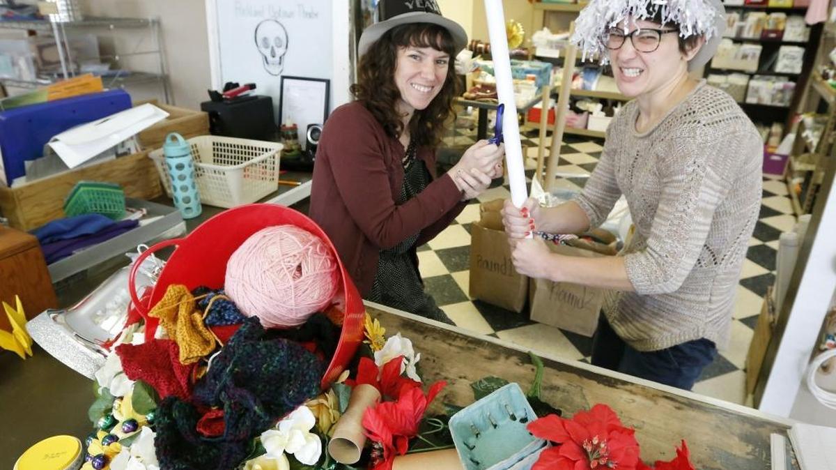 Chrissa Terrel, left, and Rachael Gale, co-directors of SCRAP Tri-Cities, joke around with some the “mystery materials” they have rounded up for a unique fundraiser they’ve organized for their creative reuse center in Kennewick. The Rebel Craft Rumble, being held April 1 at the Uptown Theatre in Richland, is a judged crafting competition described as a blend of “Iron Chef,” “Junkyard Dogs” and “Project Runway,” with a touch of “Chopped.”