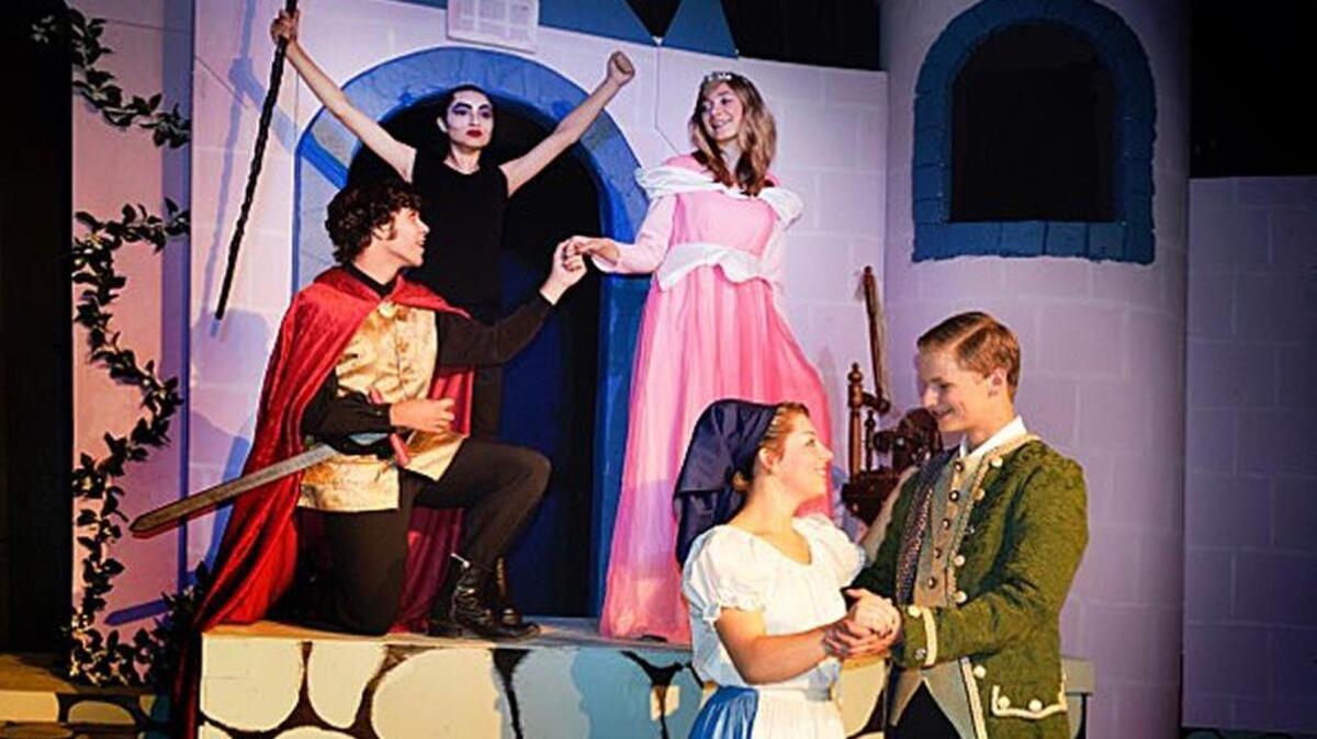 
John Davis as Prince Phillip, Cleo Howell as Maleficent and Rachel Spencer as Princess Aurora from Sleeping Beauty. Below, Yzabelle Tow as Cinderella and Mikah Turpin as Prince Charming dance.
