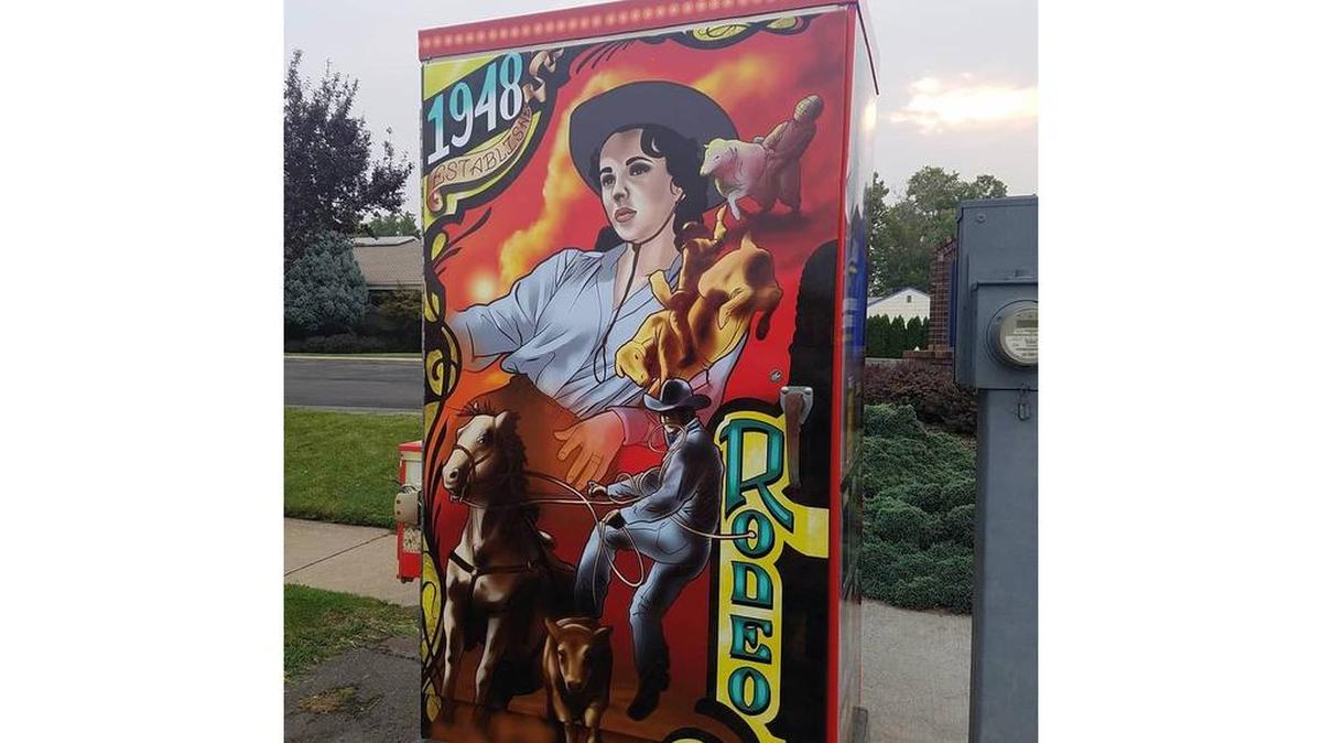A traffic box, painted by Kody Flannery of Monarch Tattoo, is on display in downtown Kennewick. It has a Benton Franklin Fair & Rodeo theme.