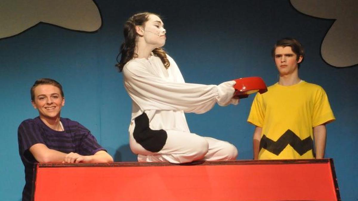 Chiawana High presents “You’re a Good Man Charlie Brown” March 10-11 and 17-19. From left to right in the back: Schroeder (Evan Naef), Snoopy (Meg Nelson) and Charlie Brown (Kyle Bishop). Front row: Linus Van Pelt (Alex Mears), Lucy Van Pelt (Crissy Wooldridge) and Sally Brown (Brianna Plewman).