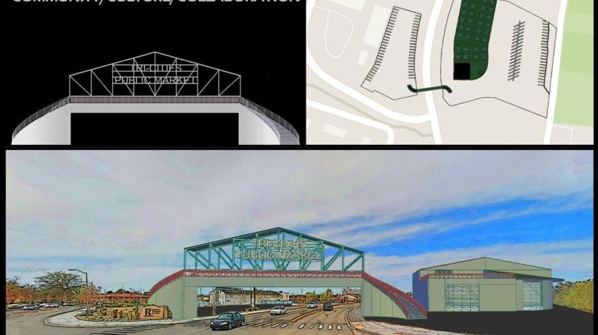 A rendering by Jeremiah Griffith depicting a vision for a year-round public market in the Tri-Cities. Check out more dreams and ideas for a public market at DrewBoy Creative’s “Tri-Cities Public Market Dream Show,” opening May 13.