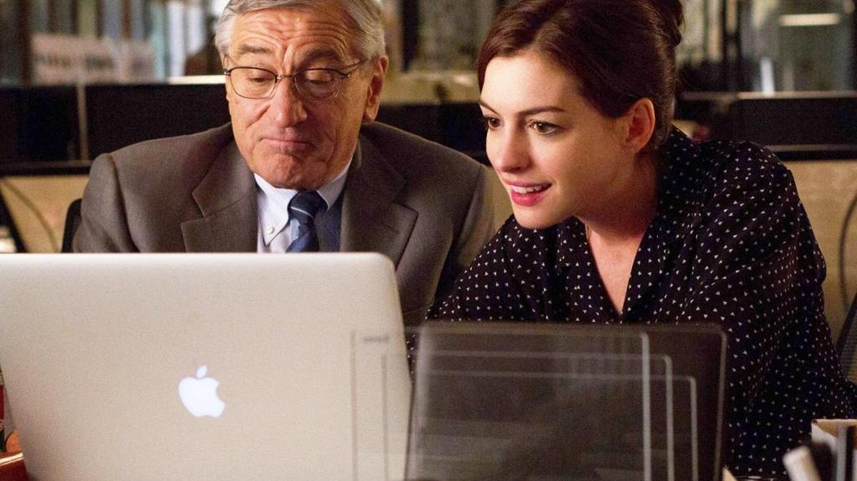 Robert De Niro as Ben Whittaker and Anne Hathaway as Jules Ostin in the comedy “The Intern.”