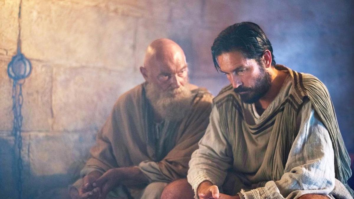 James Faulkner, left, and Jim Caviezel in “Paul, Apostle of Christ.”