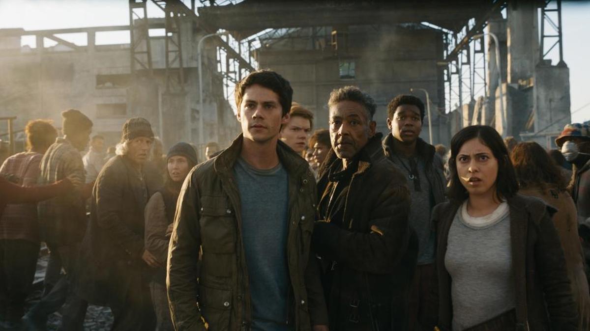 From front left, Dylan O'Brien, Giancarlo Esposito and Rosa Salazar in a scene from "Maze Runner: The Death Cure," the final chapter in the popular dystopian series.