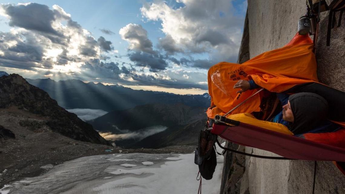 Matt Segal waking up on Snowpatch Spire, the Bugaboos, British Columbia, Canada.