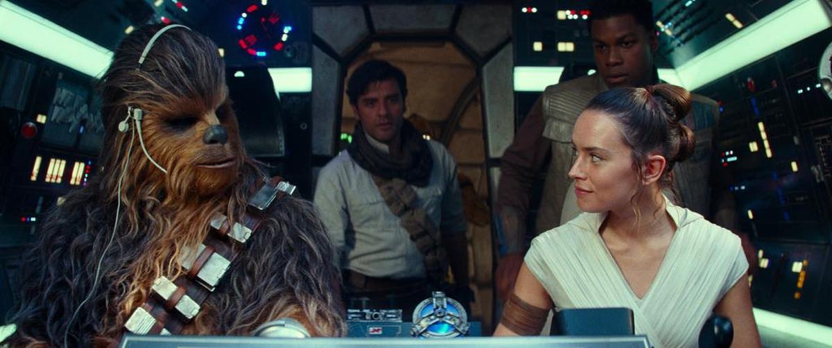 From left, Joonas Suotamo as Chewbacca, Oscar Isaac as Poe Dameron, Daisy Ridley as Rey and John Boyega as Finn in a scene from “Star Wars: The Rise of Skywalker.”
