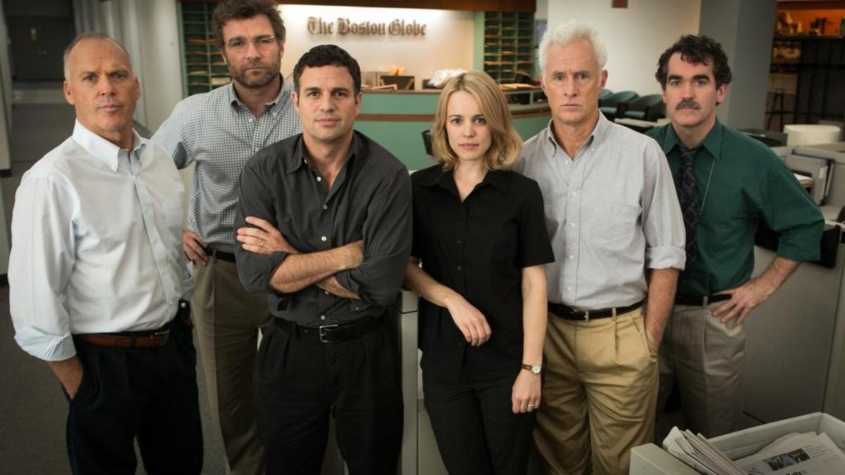 Spotlight stars Michael Keaton, from left, as Walter “Robby” Robinson, Liev Schreiber as Marty Baron, Mark Ruffalo as Michael Rezendes, Rachel McAdams, as Sacha Pfeiffer, John Slattery as Ben Bradlee Jr., and Brian d’Arcy James as Matt Carroll.