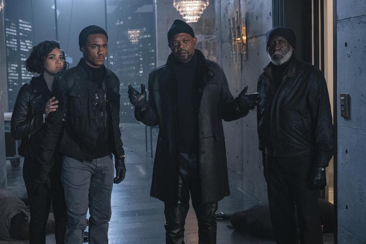 This image released by Warner Bros. Pictures shows from left, Alexandra Shipp, Jessie Usher, Samuel Jackson and Richard Roundtree in a scene from "Shaft."