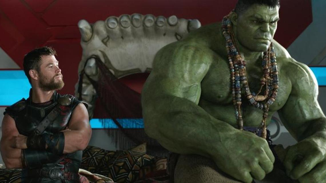 This image released by Marvel Studios shows Chris Hemsworth, left, and the Hulk in a scene from “Thor: Ragnarok.”