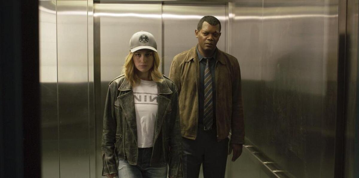 This image released by Disney-Marvel Studios shows Brie Larson, left, and Samuel L. Jackson in a scene from "Captain Marvel."
