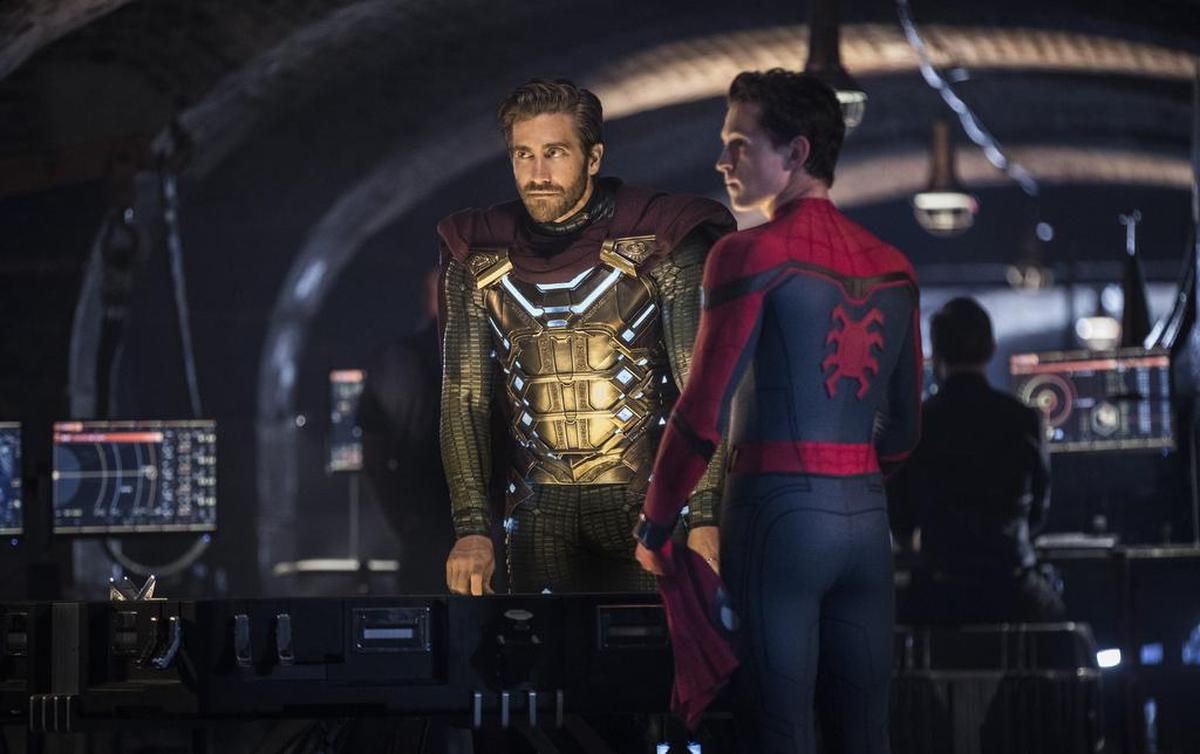 This image released by Sony Pictures shows Jake Gyllenhaal, left, and Tom Holland in a scene from "Spider-Man: Far From Home."