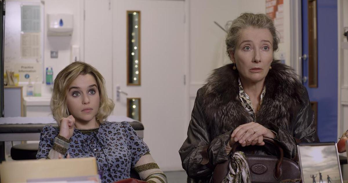This image released by Universal Pictures shows Emilia Clarke, left, and Emma Thompson in a scene from "Last Christmas."