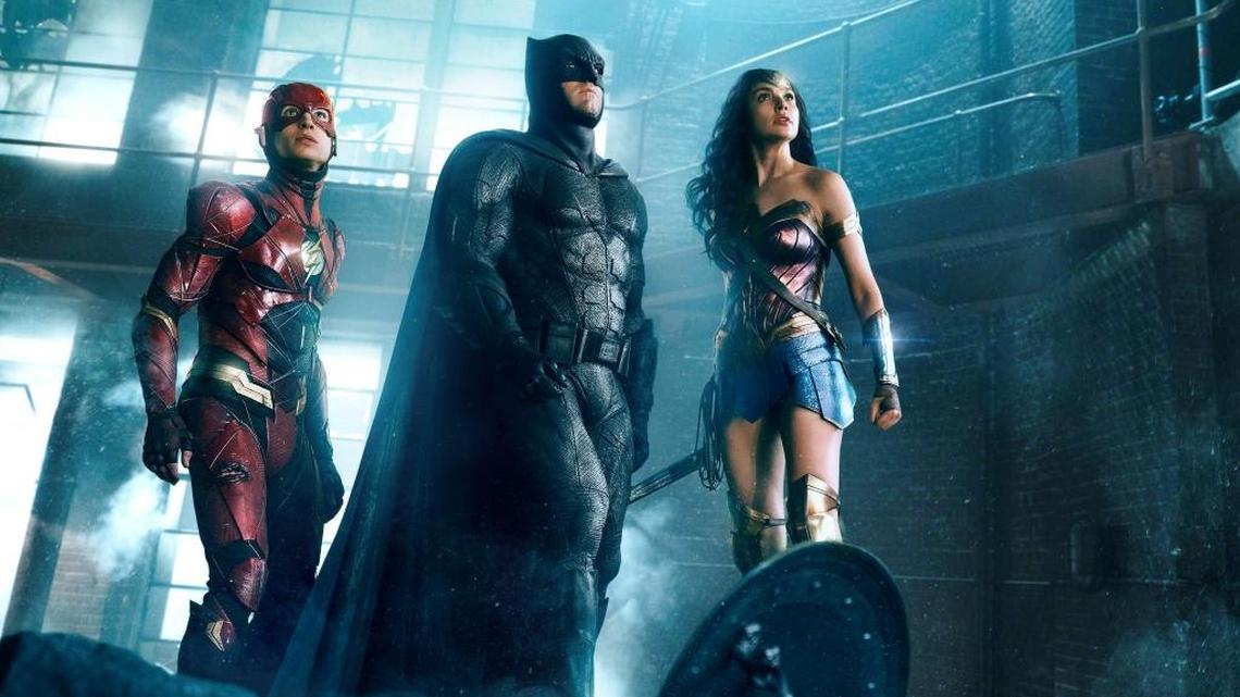 Ezra Miller, from left, Ben Affleck and Gal Gadot star in “Justice League,” one of the best movie offerings from the DC Comics universe.