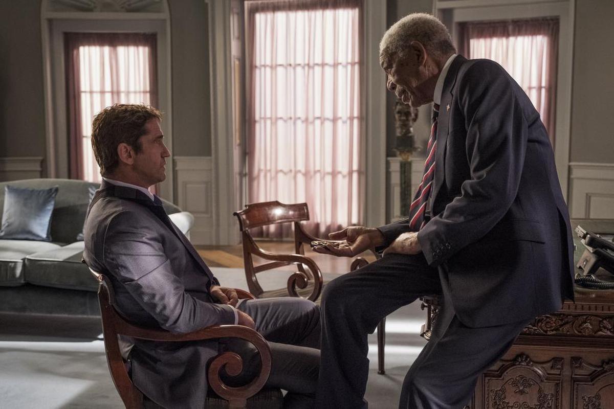 Gerard Butler, left and Morgan Freeman in "Angel Has Fallen," directed by Ric Roman Waugh.