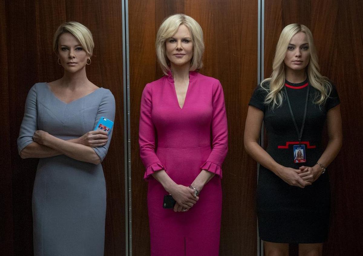 Charlize Theron, from left, Nicole Kidman and Margot Robbie in a scene from “Bombshell.”