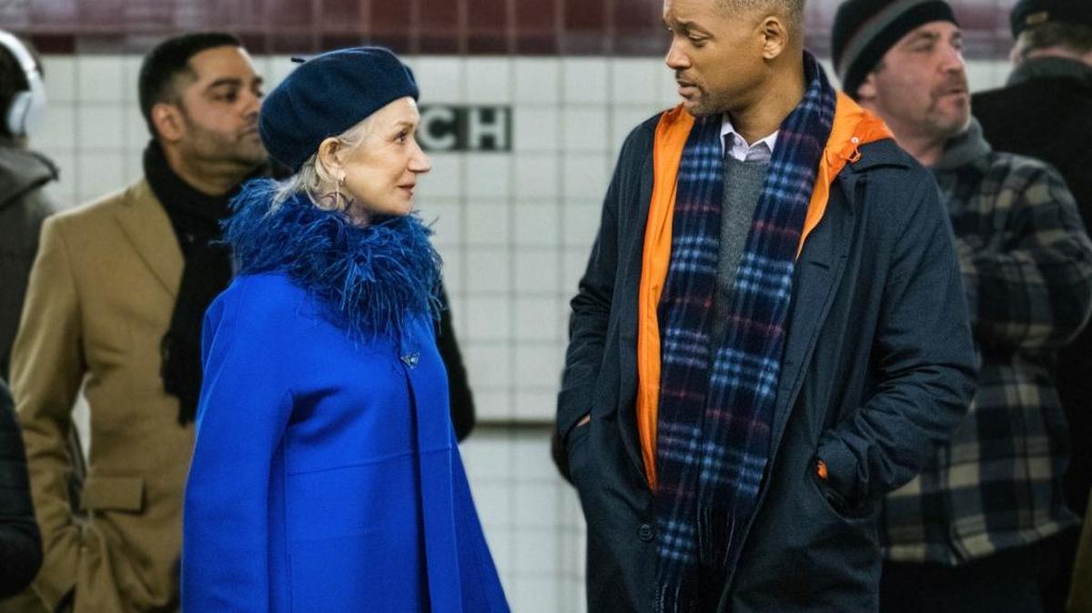 Will Smith and Helen Mirren are two of the many stars in a scene from “Collateral Beauty.”