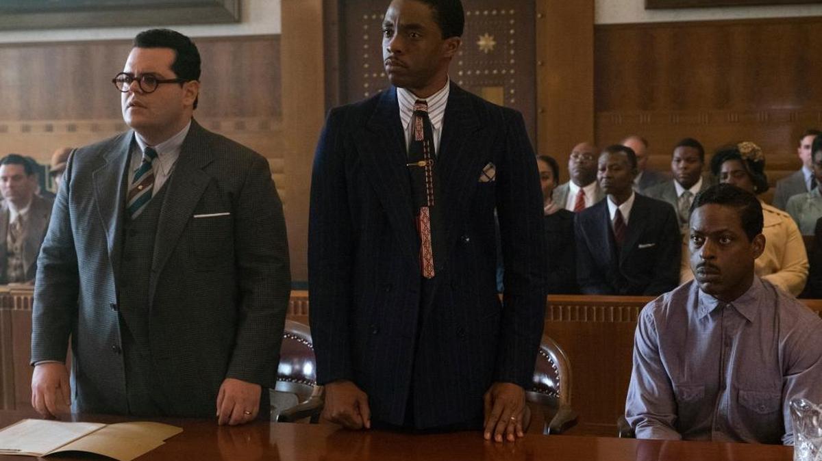 This image released by Open Road Films shows, from left, Josh Gad, Chadwick Boseman and Sterling K. Brown in a scene from “Marshall.”