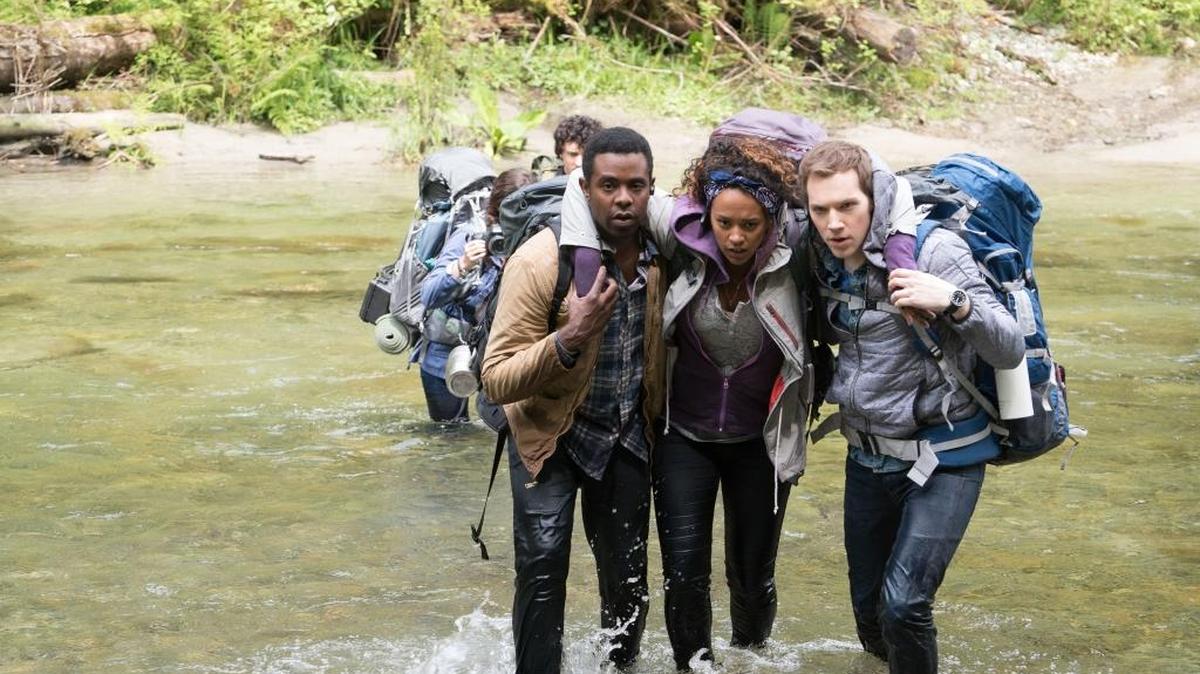 Brandon Scott as Peter (left), Corbin Reid as Ashley and James Allen McCune as James (right) in a scene from the movie “Blair Witch” directed by Adam Wingard.