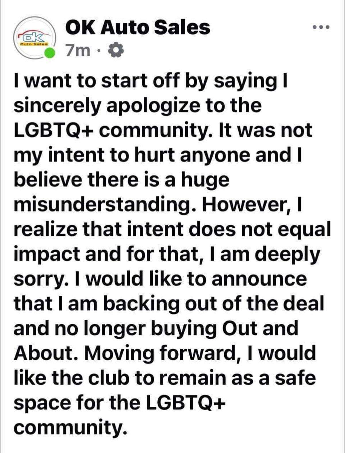 Screenshot of the apology posted to the OK Auto Sales Facebook page on the morning of August 26, 2024.