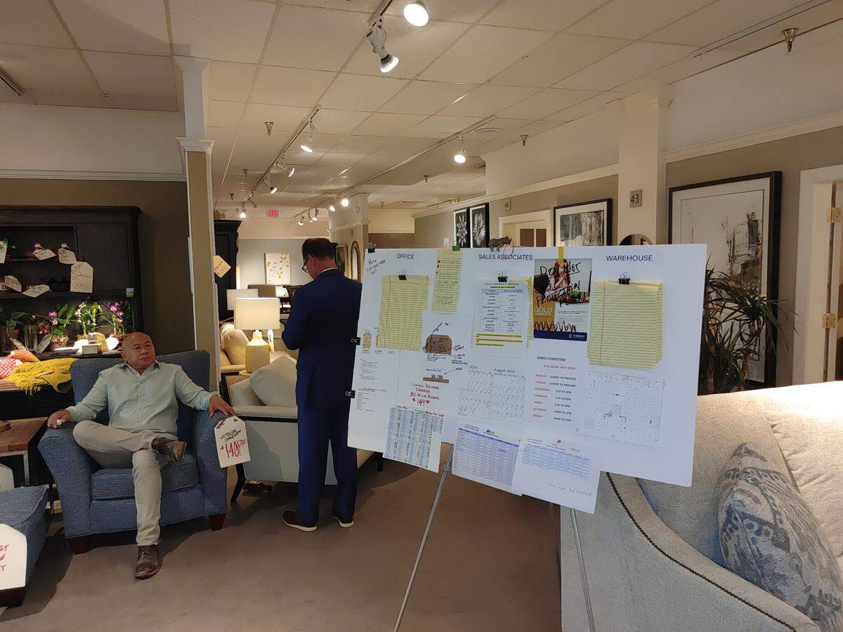 Salespeople at Ennis Fine Furniture in Richland gather in the back of the store before the start of a retirement sale that will see Ennis become La-Z-Boy after more than 40 years in business.