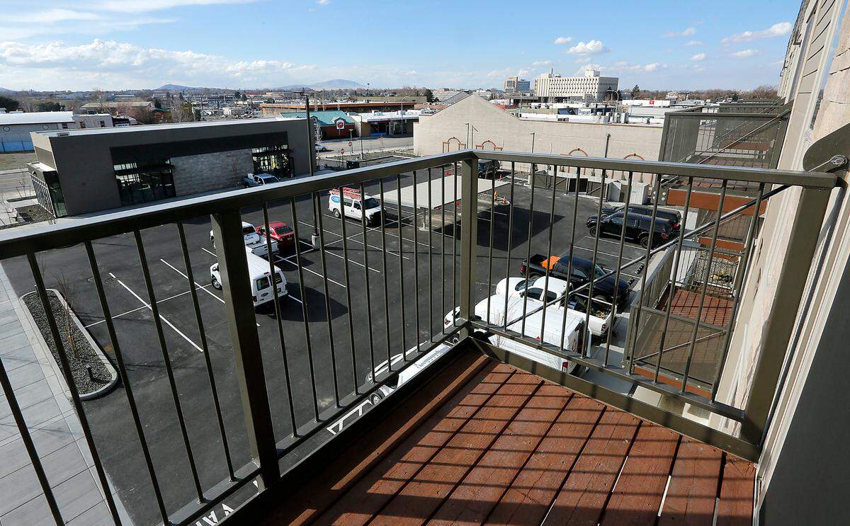 Balconies on the west side of the new $20 million Park Place Apartments overlook George Washington Way, a pair of new retail buildings, the Federal Building and the nearby Richland Parkway business district.