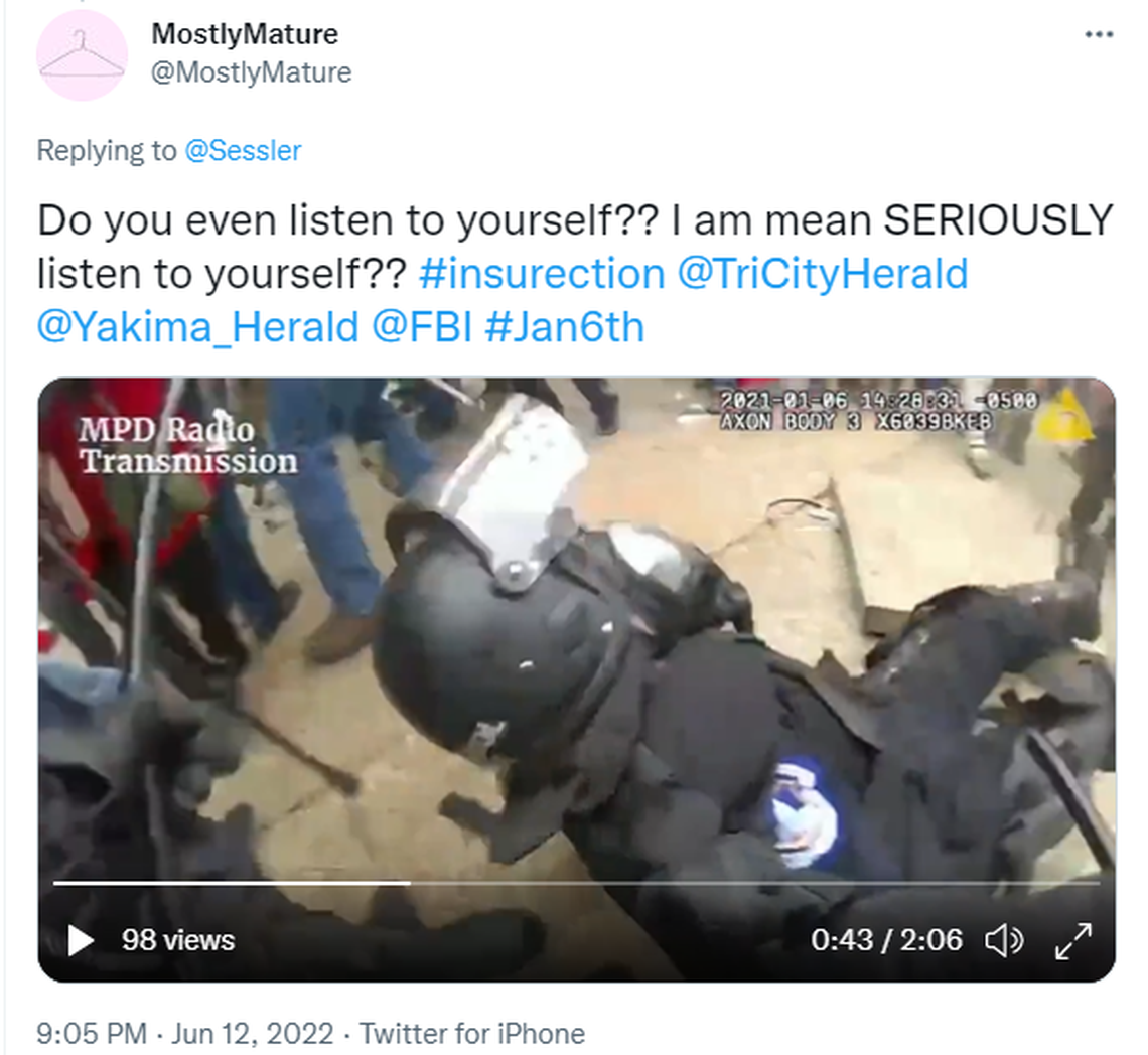 A satiric video posted to Twitter uses video of the insurrection with comments from Jerrod Sessler, candidate for Congress, that people at the Capitol Jan. 6 were good and kind.