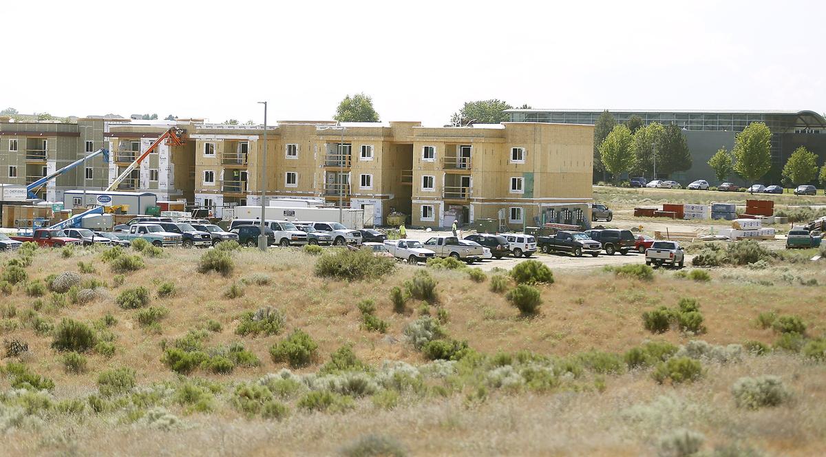 The student housing complex at Washington State University Tri-Cities is taking shape near the campus in Richland. The first phase of the apartments, known as Brelsford Vineyards, is scheduled to open in August, in time for fall semester. The Consolidated Information Center is visible behind the new construction.