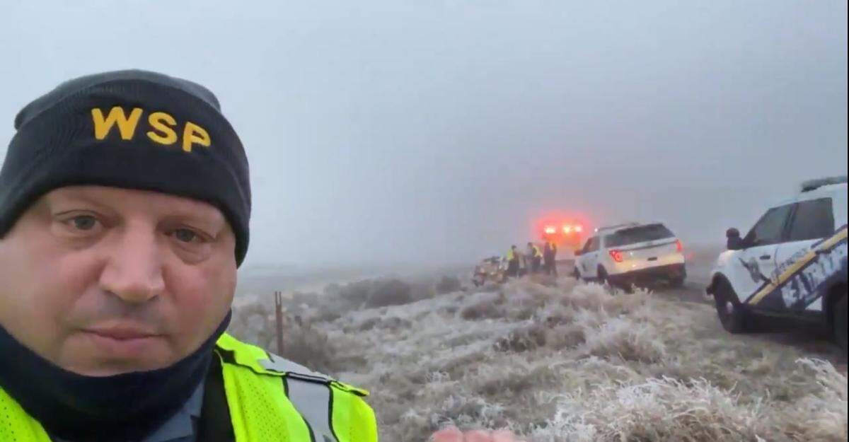 Trooper Chris Thorson shows the dense fog at the scene of a three-vehicle crash on Interstate 82 in 2020.