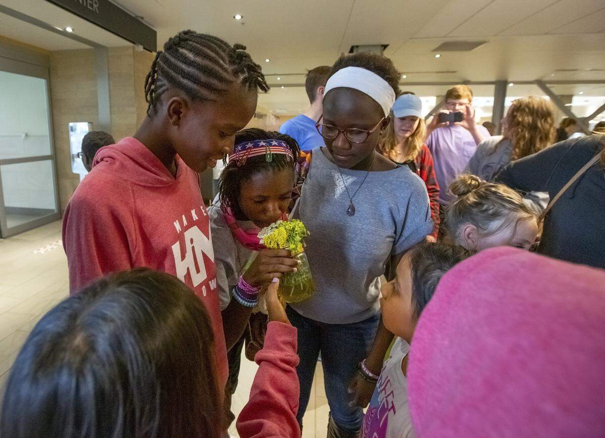 Naomi Perko, left, and Esther Mailloux, right, watch as Rachel Rhoden smells flowers she received when she arrived at the Tri-Cities Airport in Pasco. Naomi and Rachel arrived from Sierra Leone with other children from the same orphanage in the Ebola-ravage country where Esther also once lived.