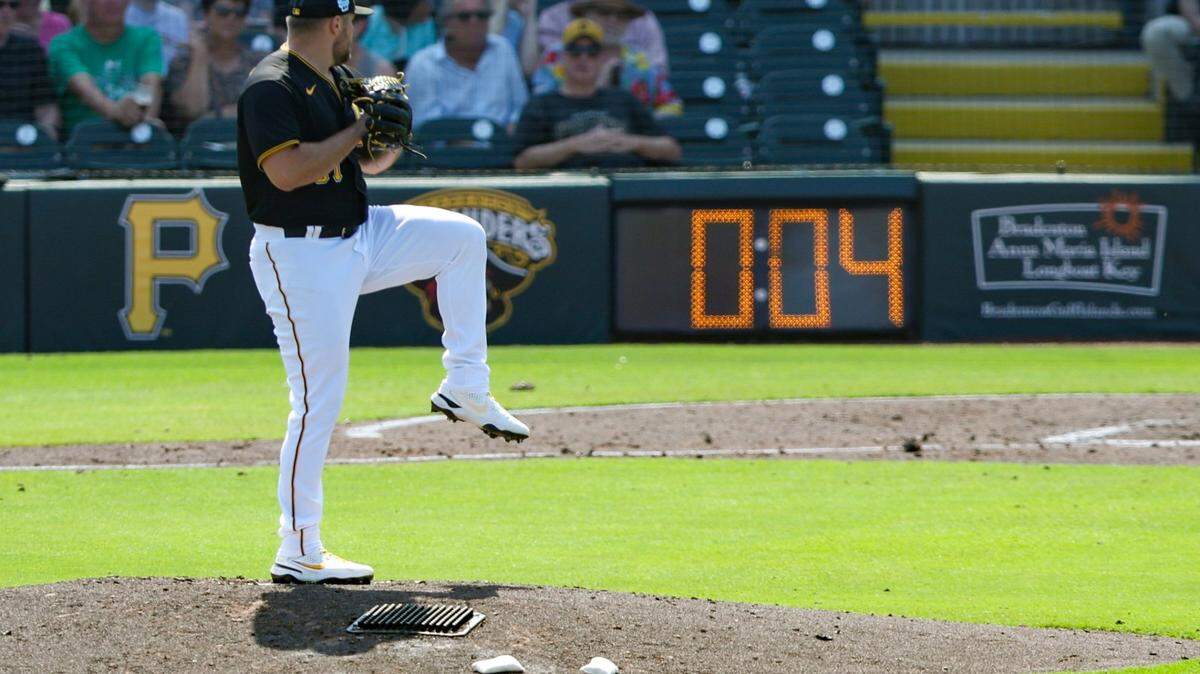 Pittsburgh Pirates relief pitcher David Bednar (51) throws a pitch against the Toronto Blue Jays in the fourth inning during spring training at LECOM Park in February 2023.