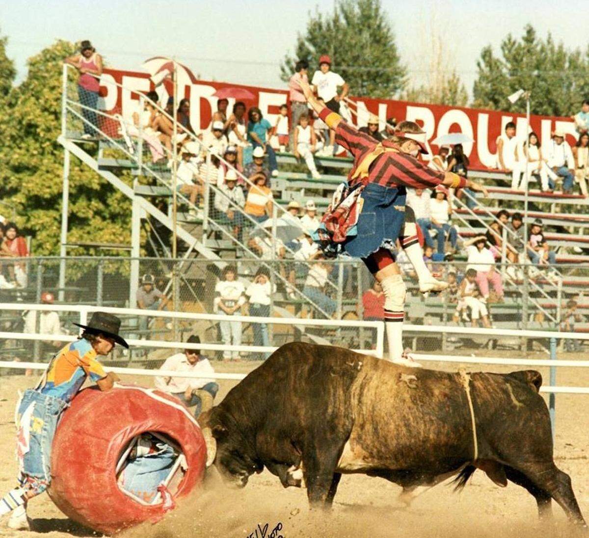 Rowdy Barry jumps over a bull at a 1989 rodeo.