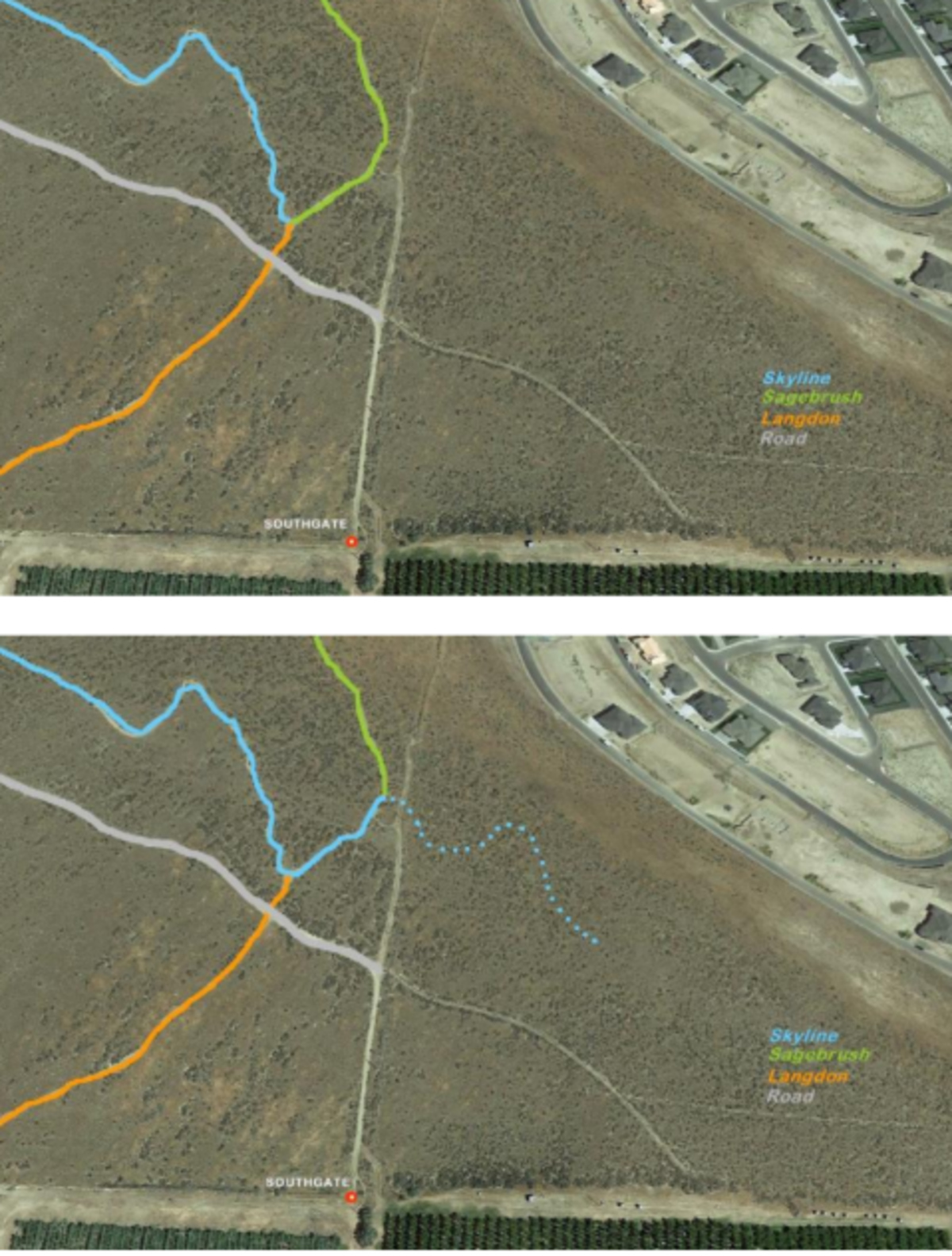 The top photo shows the current trail system on Badger Mountain and the bottom photo shows where the trail spur would be added on the dotted line to the east.