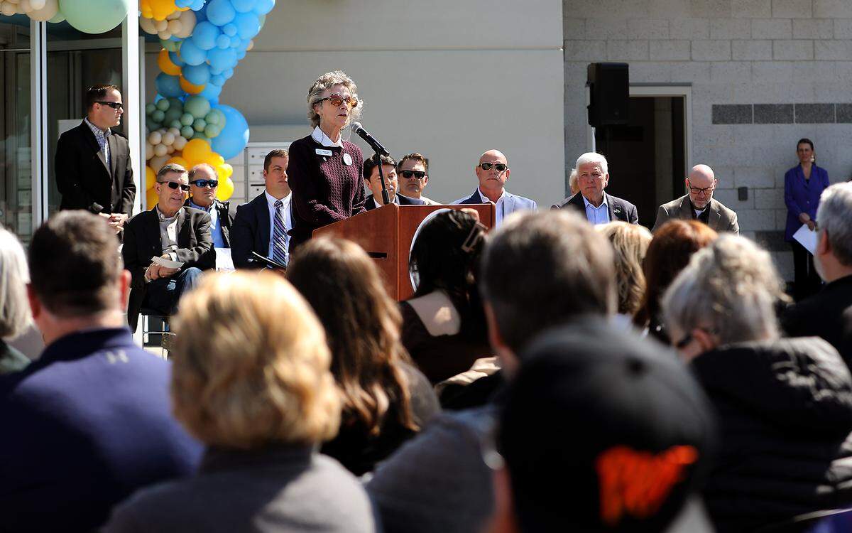 Michele Gerber, Benton Franklin Recovery Coalition President & CEO,  speaks during Friday's grand opening and ribbon cutting ceremony for the Columbia Valley Center for Recovery in downtown Kennewick.