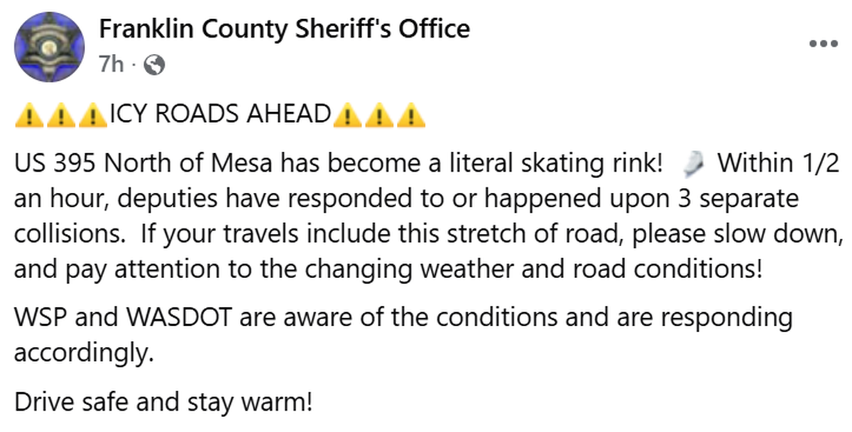 The Franklin County Sheriff’s Office warned of icy conditions on Highway 395 about 90 minutes before a crash near Connell injured two 18 year olds from West Richland and two juveniles.