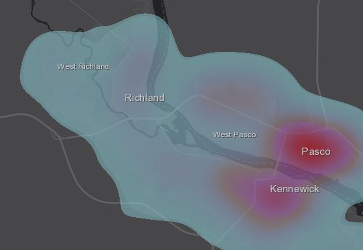 This “heat map” shows shows the concentration of COVID-19 cases for late May and most of June in the Tri-Cities area.