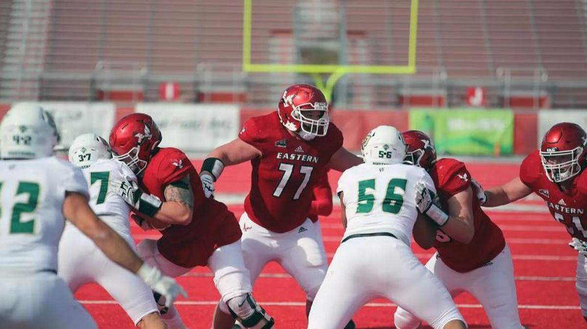 Kamiakin High grad Wyatt Musser (77) has taken advantage of the COVID pandemic to spend a sixth year playing for Eastern Washington University.