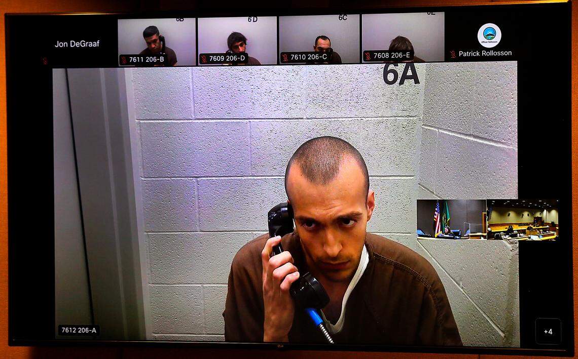 Murder suspect Antonio James Aguilar-Hartman, 24, makes his preliminary appearance via a video link Monday in Benton County Superior Court. Police believe he shot and killed a man earlier this month in Kennewick.