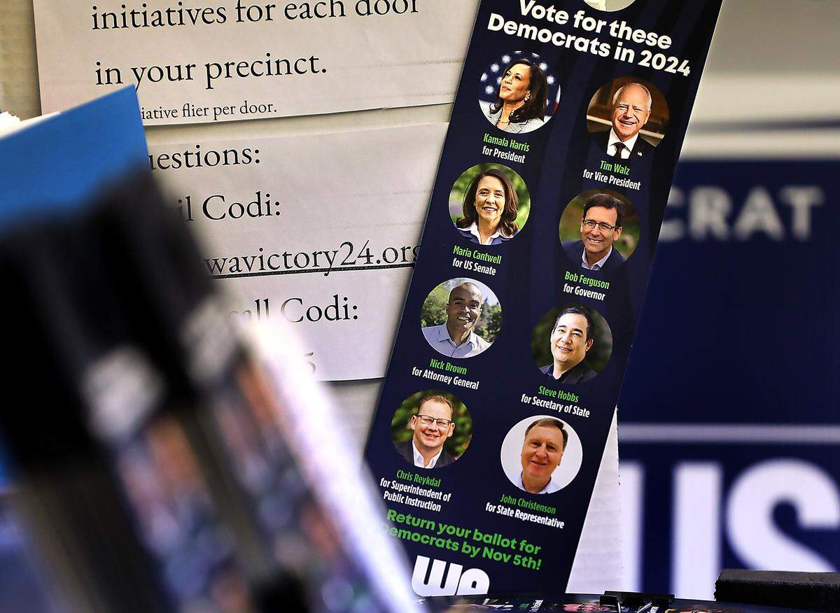 Campaing materials are set out on a table during Friday’s Get Out The Vote Rally held by the Washington Democrats in Richland.