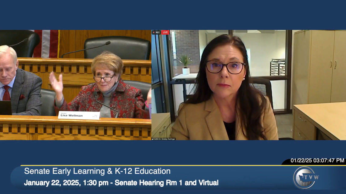 Sen. Lisa Wellman, D-Mercer Island, left, speaks to Richland School District Superintendent Shelley Redinger and others during a public hearing on school funding bills recently in the Washington Senate Early Learning & K-12 Education Committee.