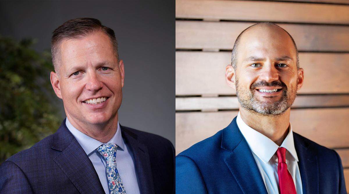 Eric Eisinger, left, and Ryan Lukson, right, both Republicans, are running to replace Benton County Prosecutor Andy Miller, who’s retiring after 36 years of service.