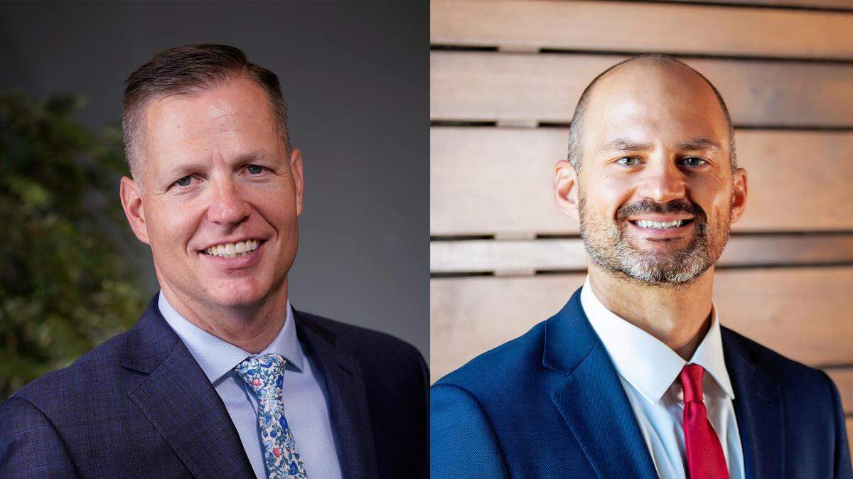 Eric Eisinger, left, and Ryan Lukson, right, both Republicans, are running to replace Benton County Prosecutor Andy Miller, who’s retiring after 36 years of service.