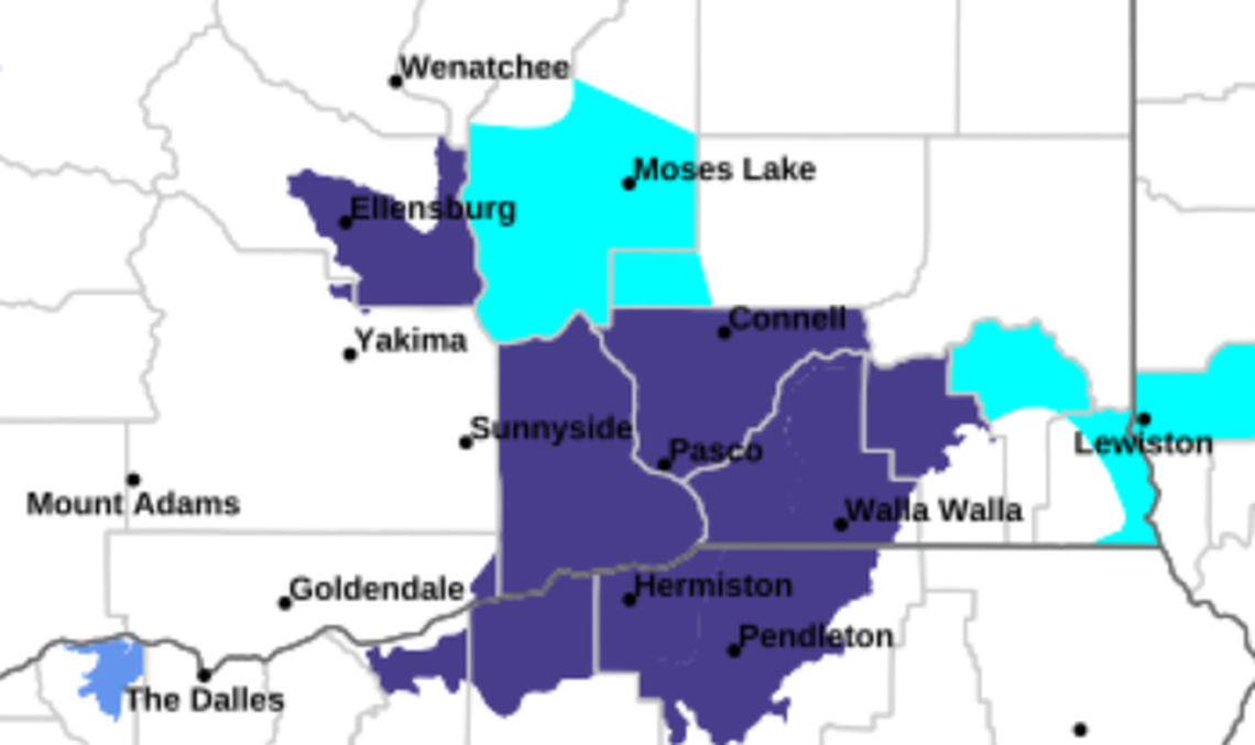 Freezing temperatures are forecast in the Mid-Columbia Saturday until 8 a.m. Dark purple areas on the map are under a freeze warning, blue areas are under a frost advisory and turquoise areas are under a freeze watch.