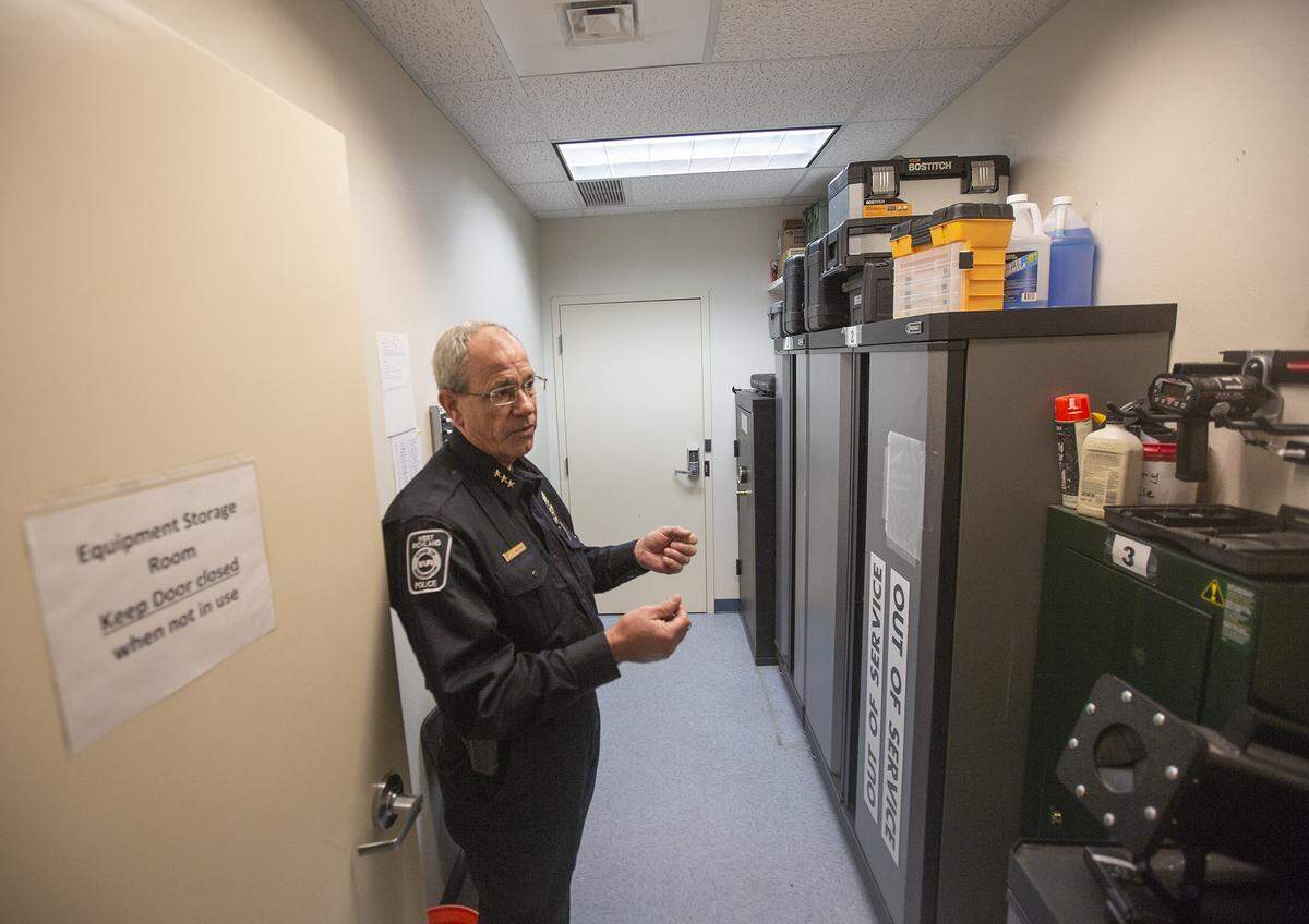 Police Chief Ben Majetich stands inside an equipment storage room inside the West Richland Police Department. Storage space is very limited.