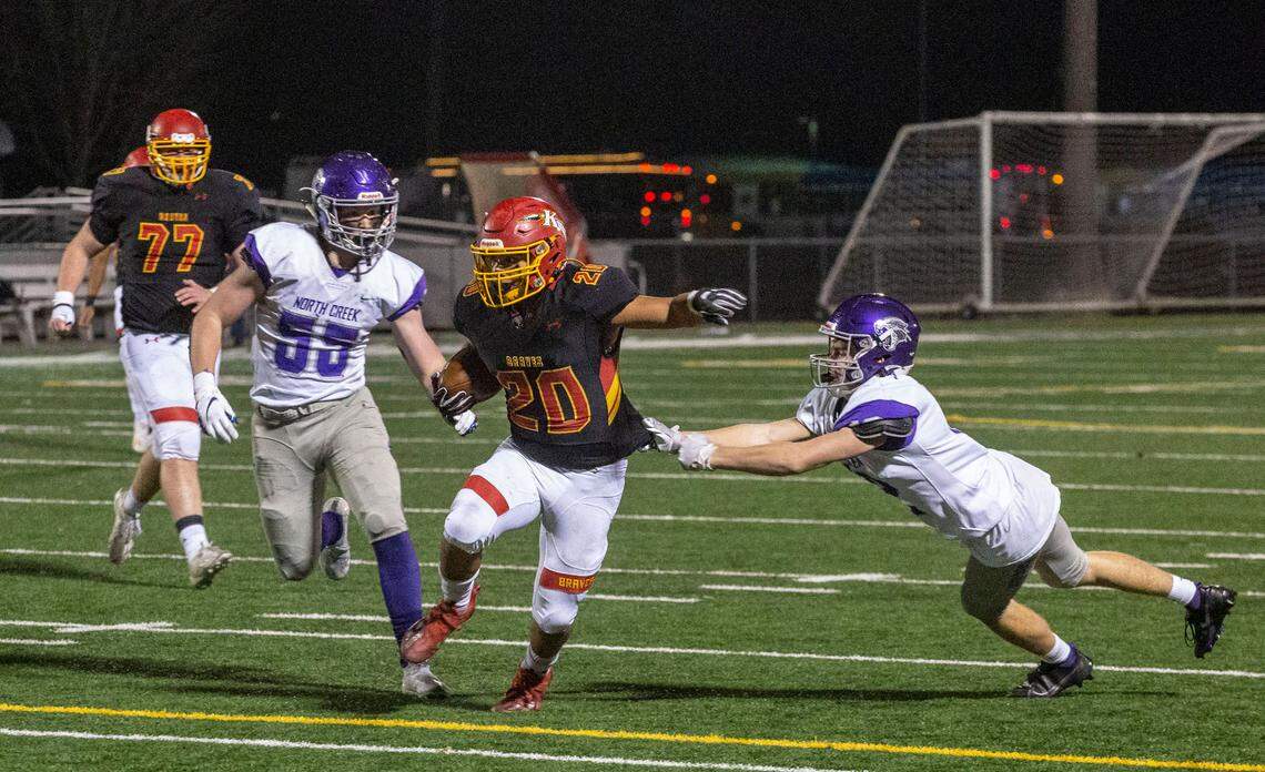 Kamiakin senior Luis Salgado dodges North Creek defense during the first round 4A state tournament game at Lampson Stadium in Kennewick.