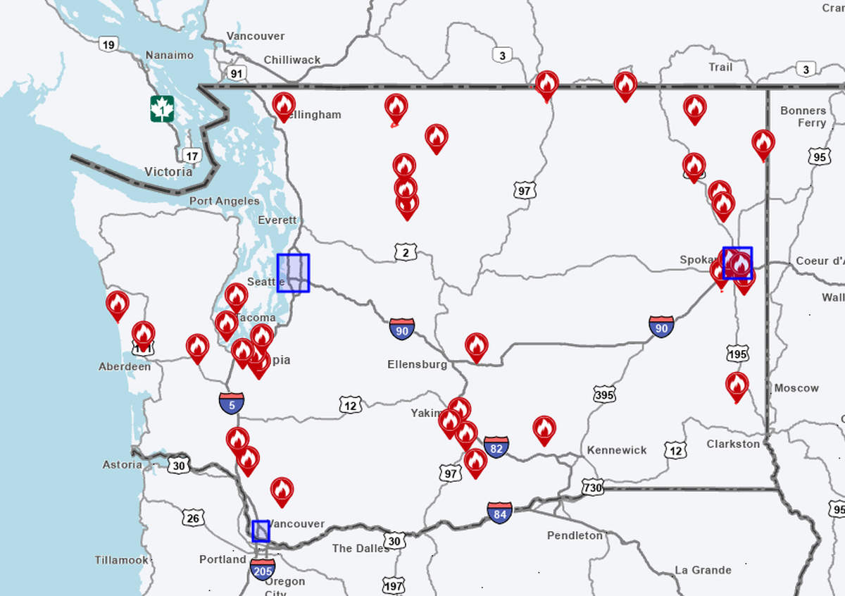 The Washington State Department of Transportation’s real-time traffic map includes the option to see current wildland fires.