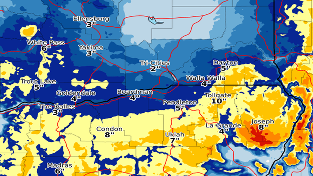 Here are the expected snowfall accumulations for Eastern Washington and Oregon from 10 a.m. Sunday to 5 p.m. Tuesday.