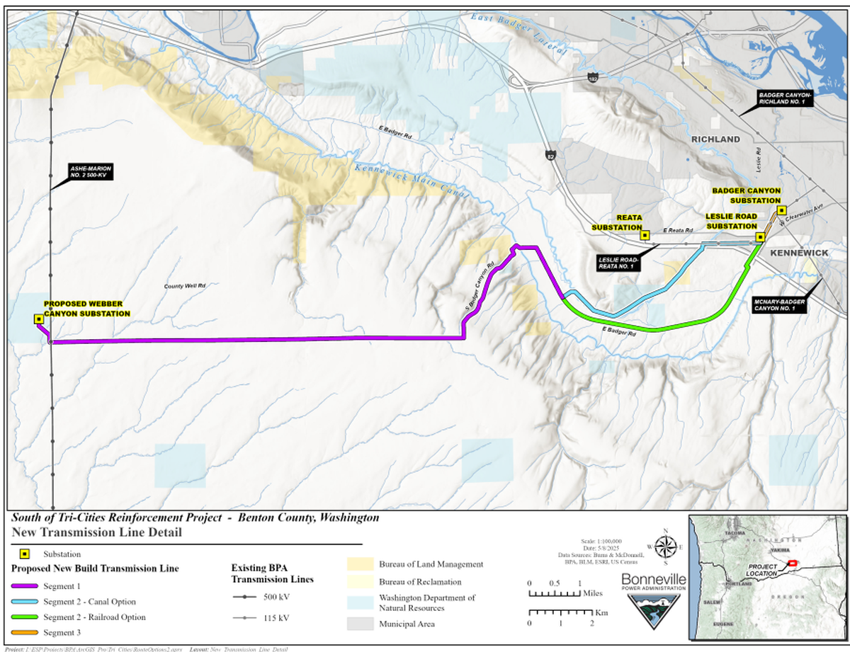 The route of the proposed 18-mile transmission line south of the Tri-Cities is shown, with the railroad route option in green and the canal route option in blue.
