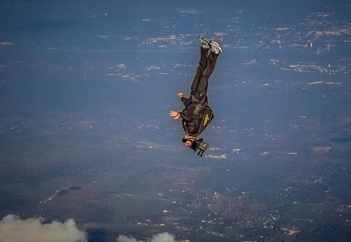 Sky surfer Joe Jennings works on an aerial production in this photo.