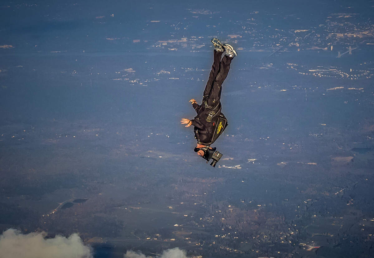 Sky surfer Joe Jennings works on an aerial production in this photo.