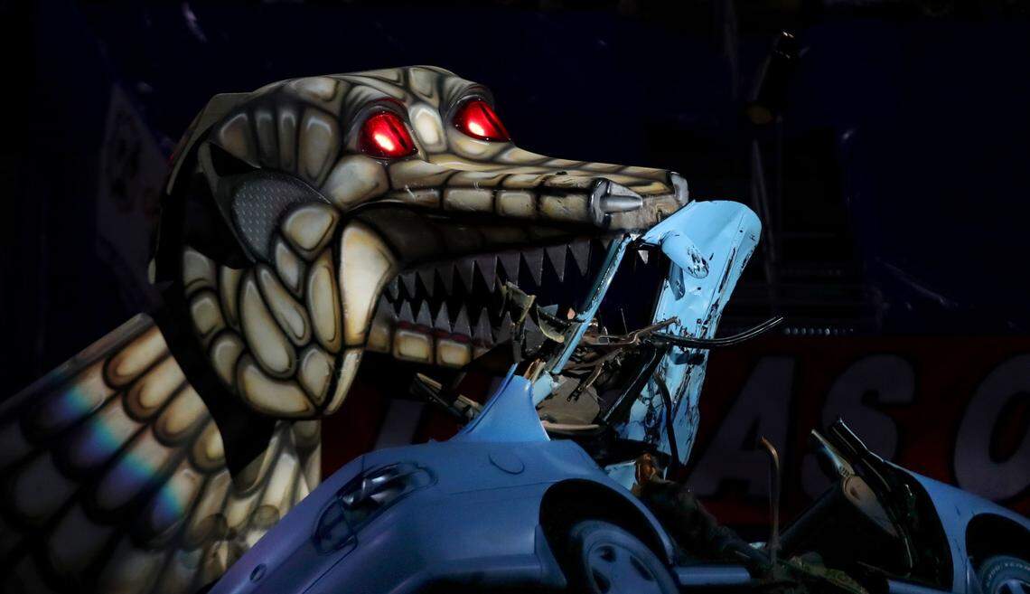 Megasaurus entertains the crowd at the Hot Wheels Monster Trucks show at the KFC Yum Center on March 16. Monstertrucks 15